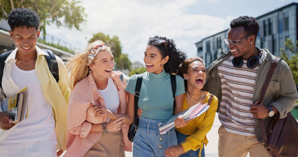 Walking,,Laughing,And,Students,At,University,With,Fun,For,Learning,
